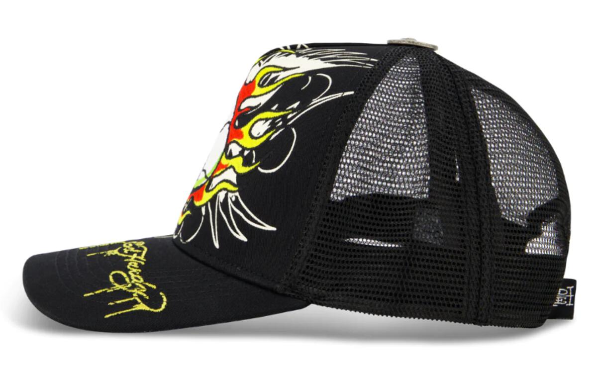 Stylish and edgy Ed Hardy trucker hat with intricate fire skull embroidery