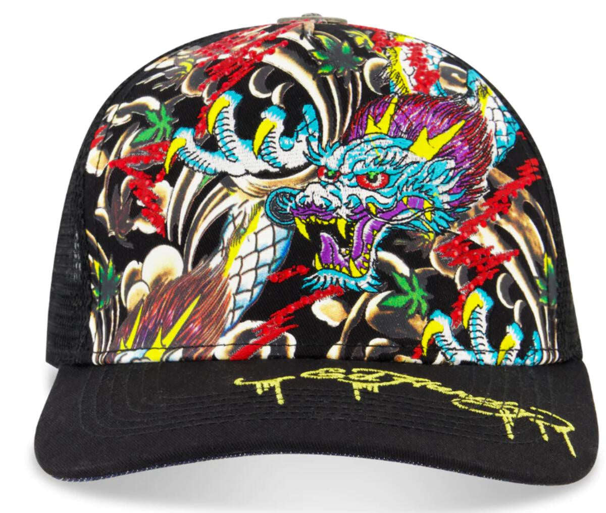 Black Ed Hardy Rhinestone Dragon Trucker Hat with intricate rhinestone design