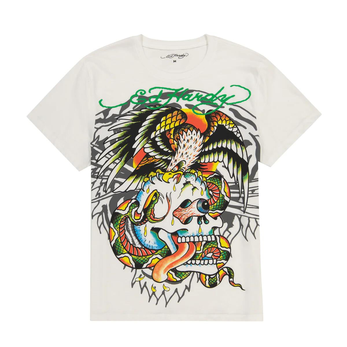 Ed Hardy Tiger/Battle Skull Tee - Cloud Dancer: Men's white graphic t-shirt featuring a fierce tiger and skull design