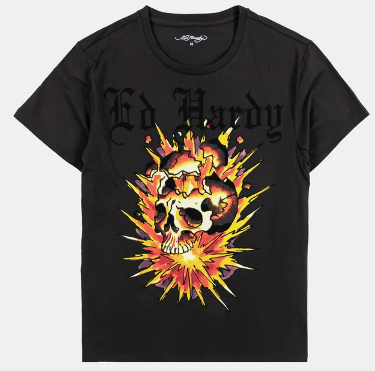 Ed Hardy Exploding Skull SS Tee in Charcoal, a stylish and edgy t-shirt with a striking graphic design of a skull bursting with vibrant colors, perfect for making a bold fashion statement