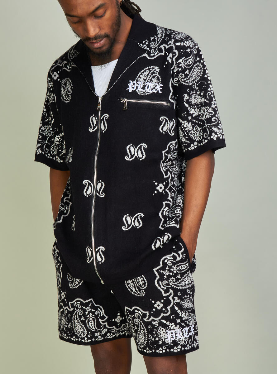 Politics "Paisley" Knit Zip Up Short Full Set - Black