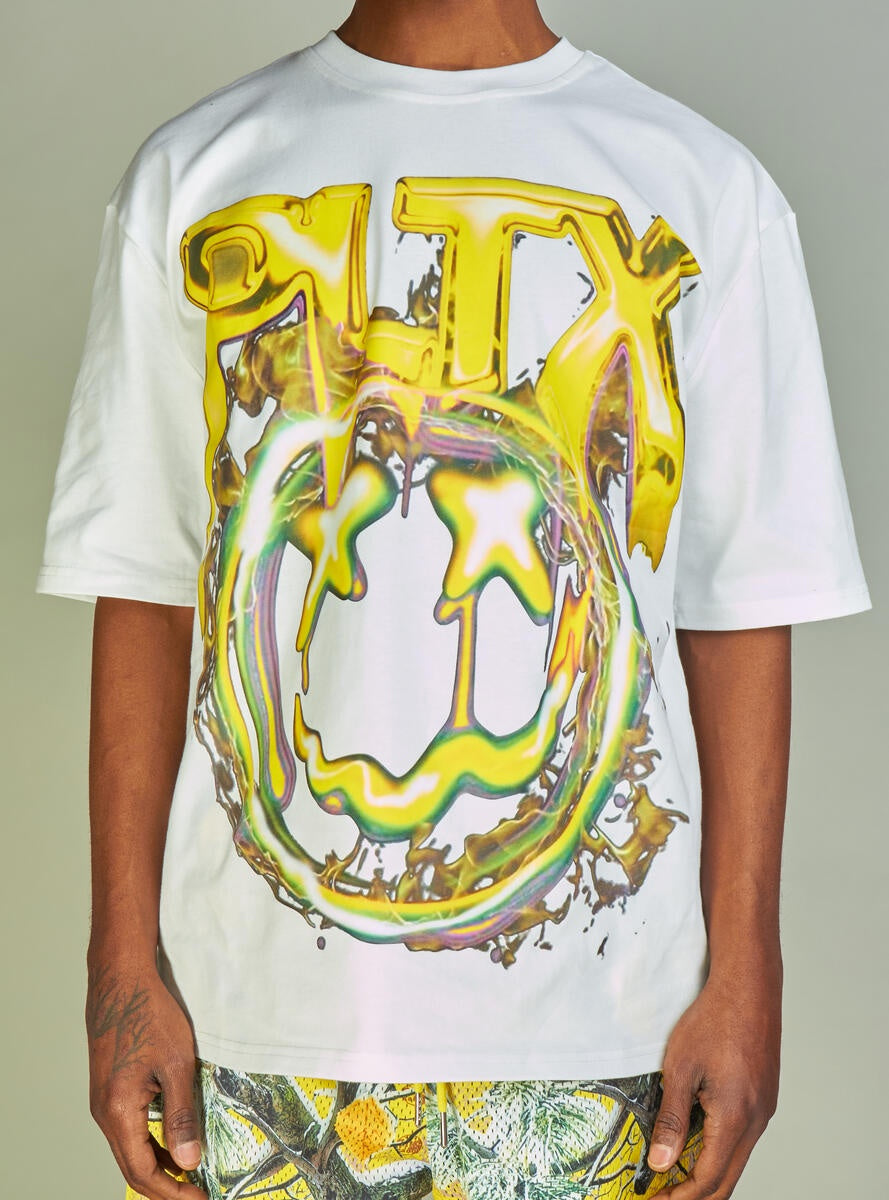 White and yellow graphic tee with 'PLTX' design, perfect for expressing your political views