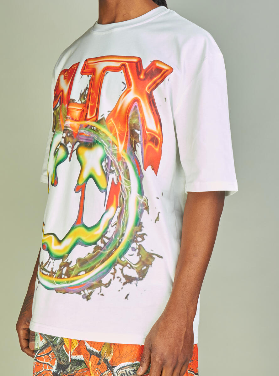 White and orange graphic tee with 'Politics PLTX' design, perfect for political enthusiasts