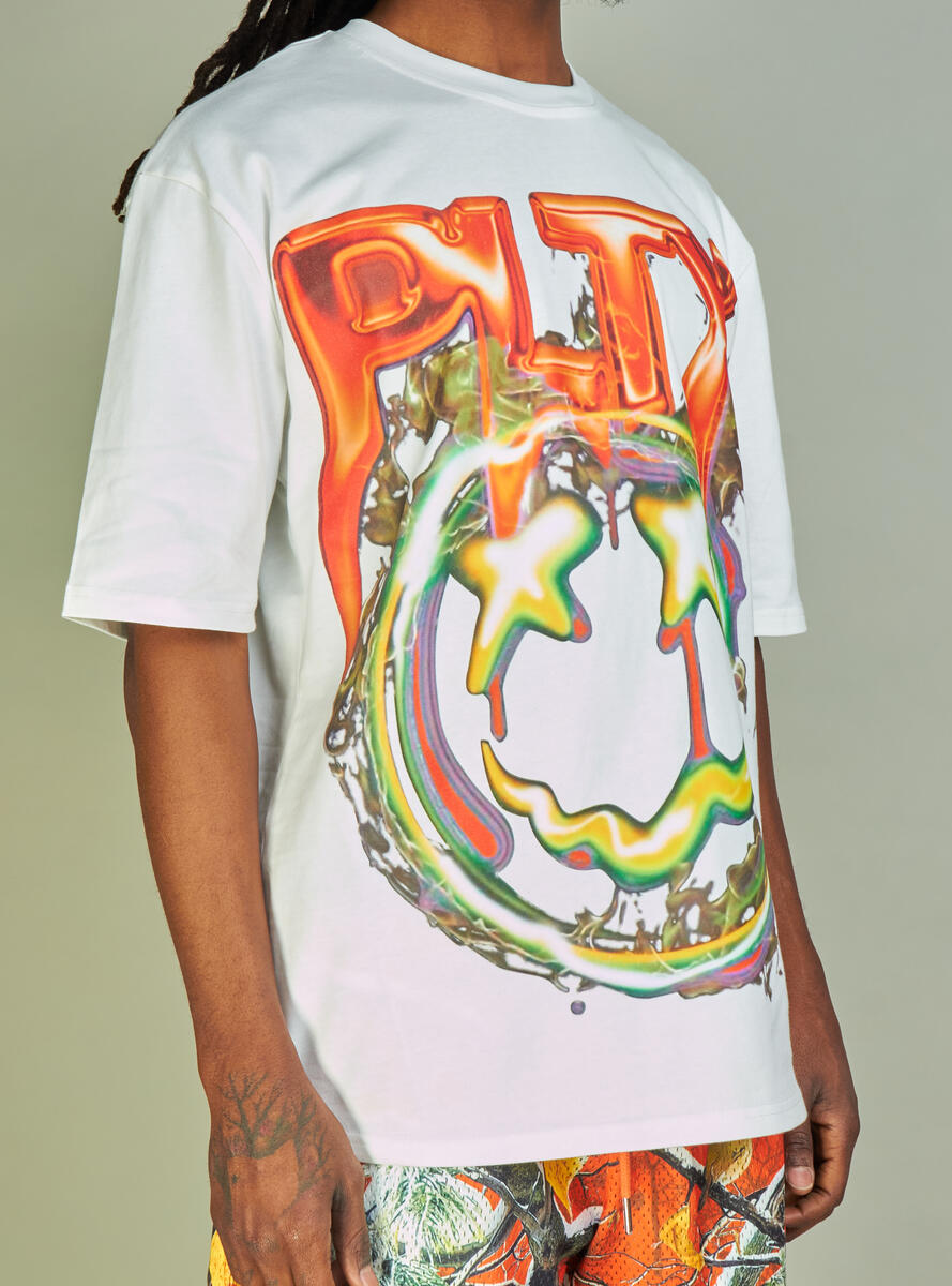 White and orange Politics PLTX Graphic Tee with bold typography design