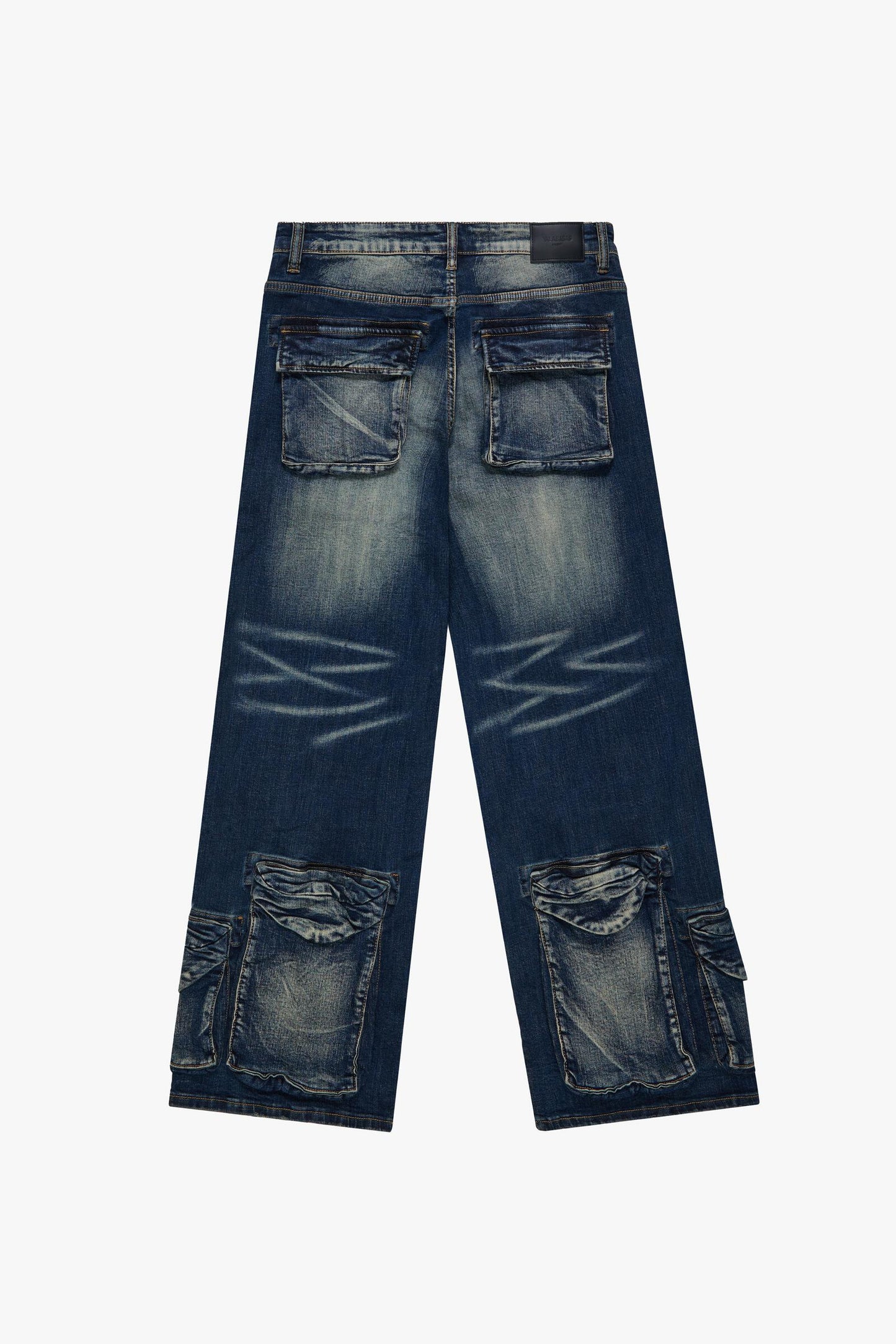 Dark blue denim jeans with a trendy baggy design