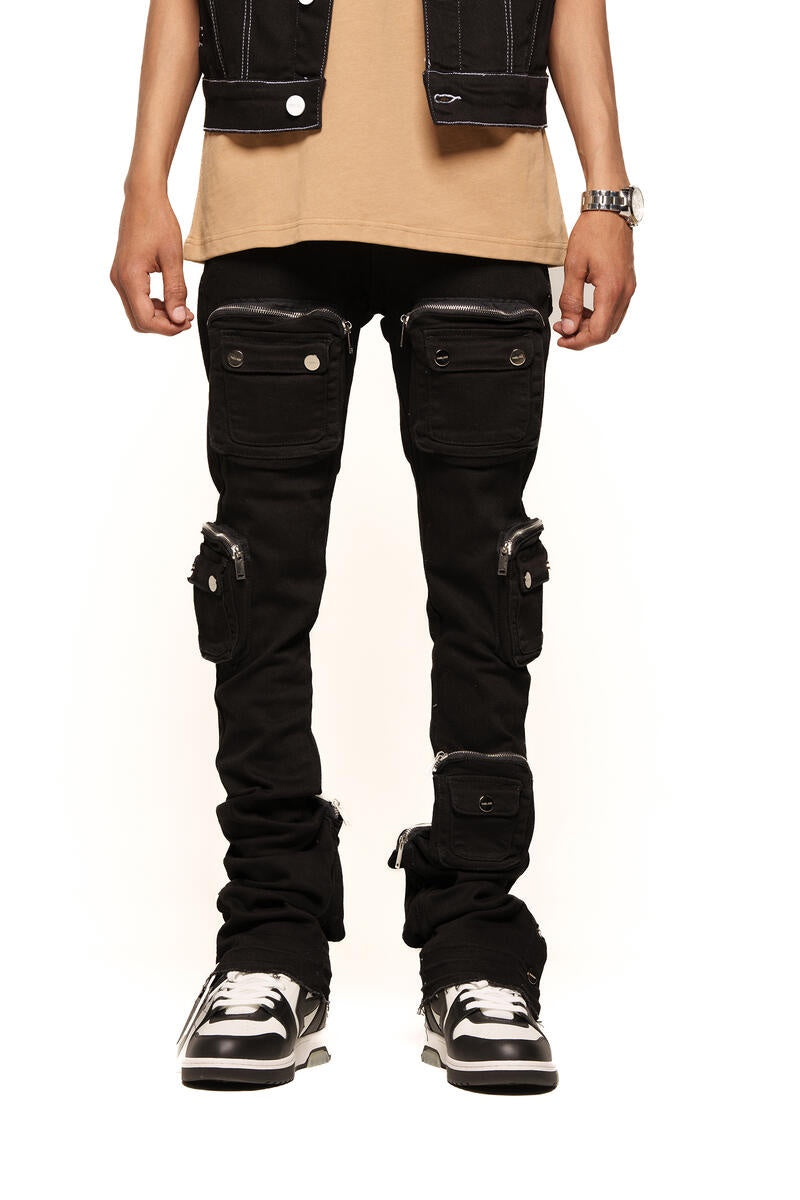 PHEELINGS Journey To Greatness Jet Black Cargo Flare Stack Denim jeans with stylish cargo pockets and flared bottom for a trendy look