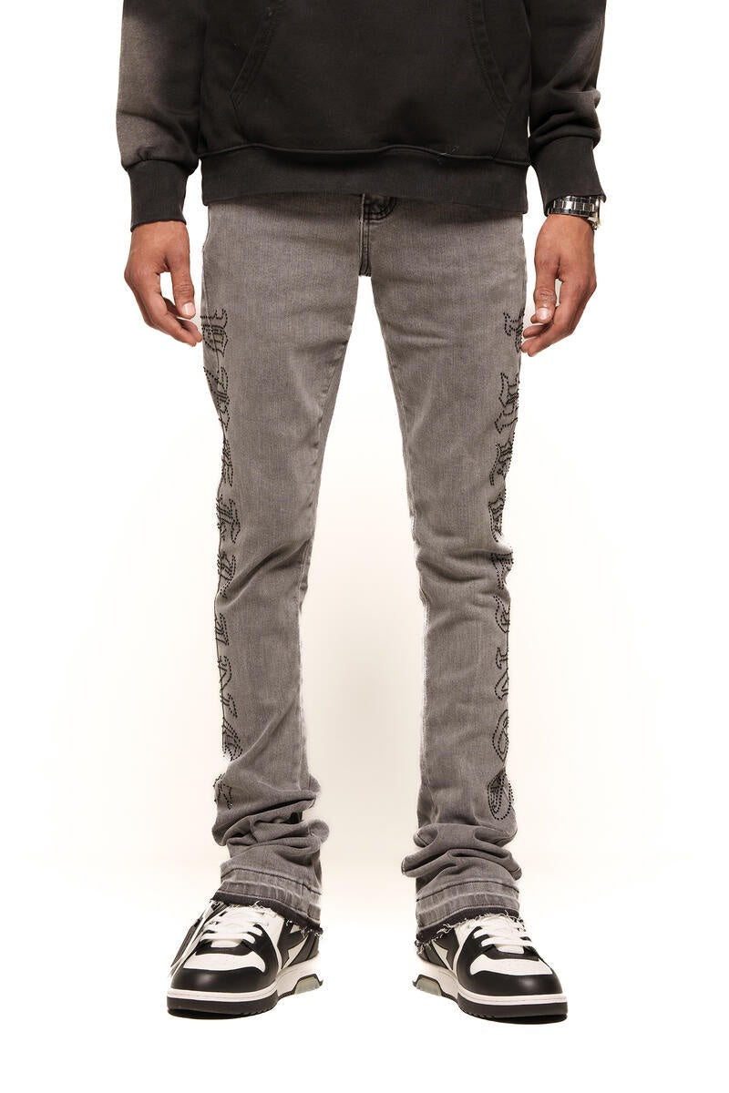 PHEELINGS Rising Above Charcoal Grey Flare Stack Denim jeans with distressed design and raw hem for a stylish look