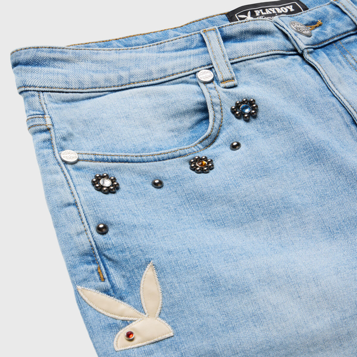  Side view of Homme + Femme Bunny Denim Jeans - Blue