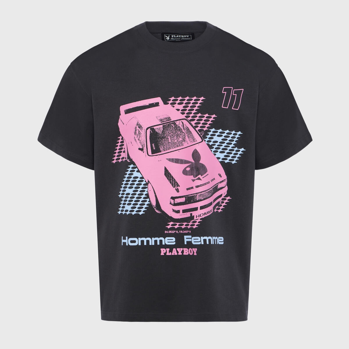 Black and pink Homme + Femme Fast Lane Tee with bold, eye-catching design