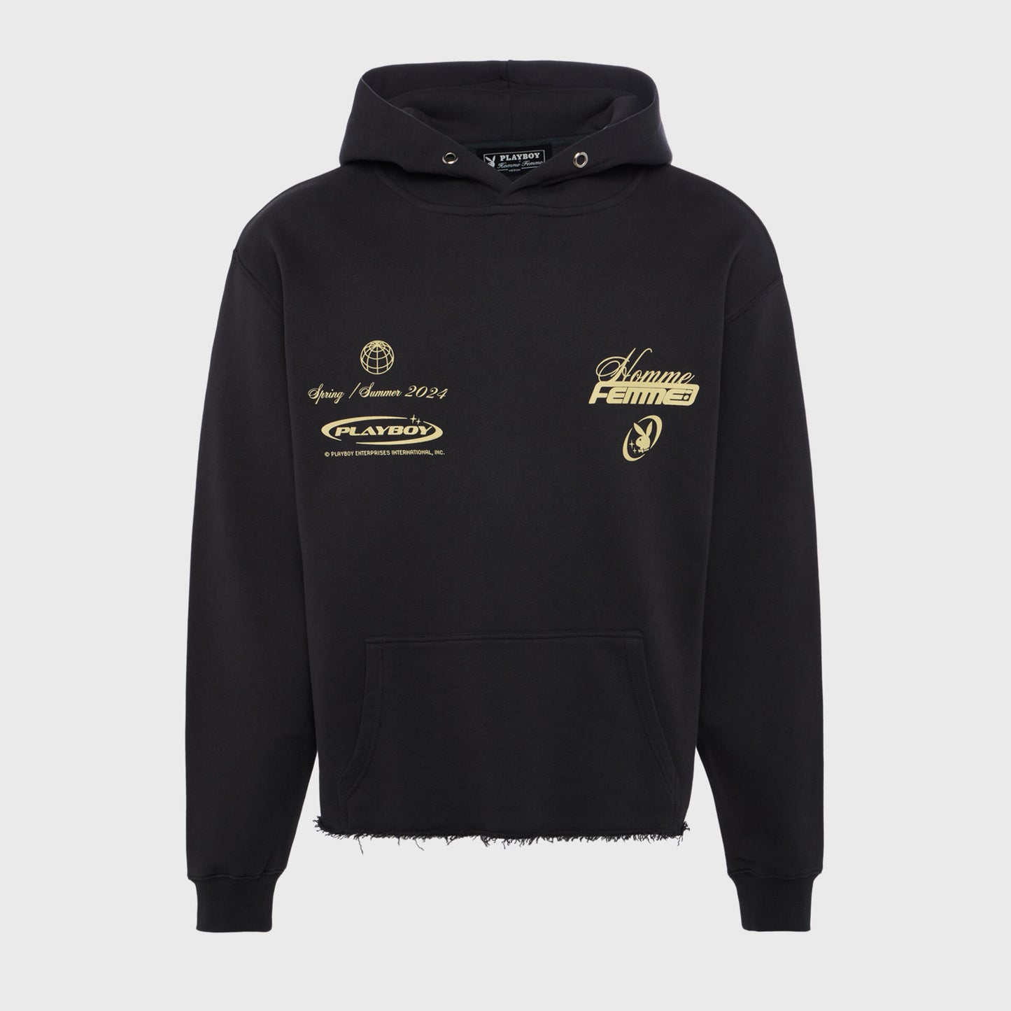 Front view of the Homme + Femme Playboy Hoodie in black, featuring the iconic Playboy bunny logo and a comfortable, relaxed fit for both men and women