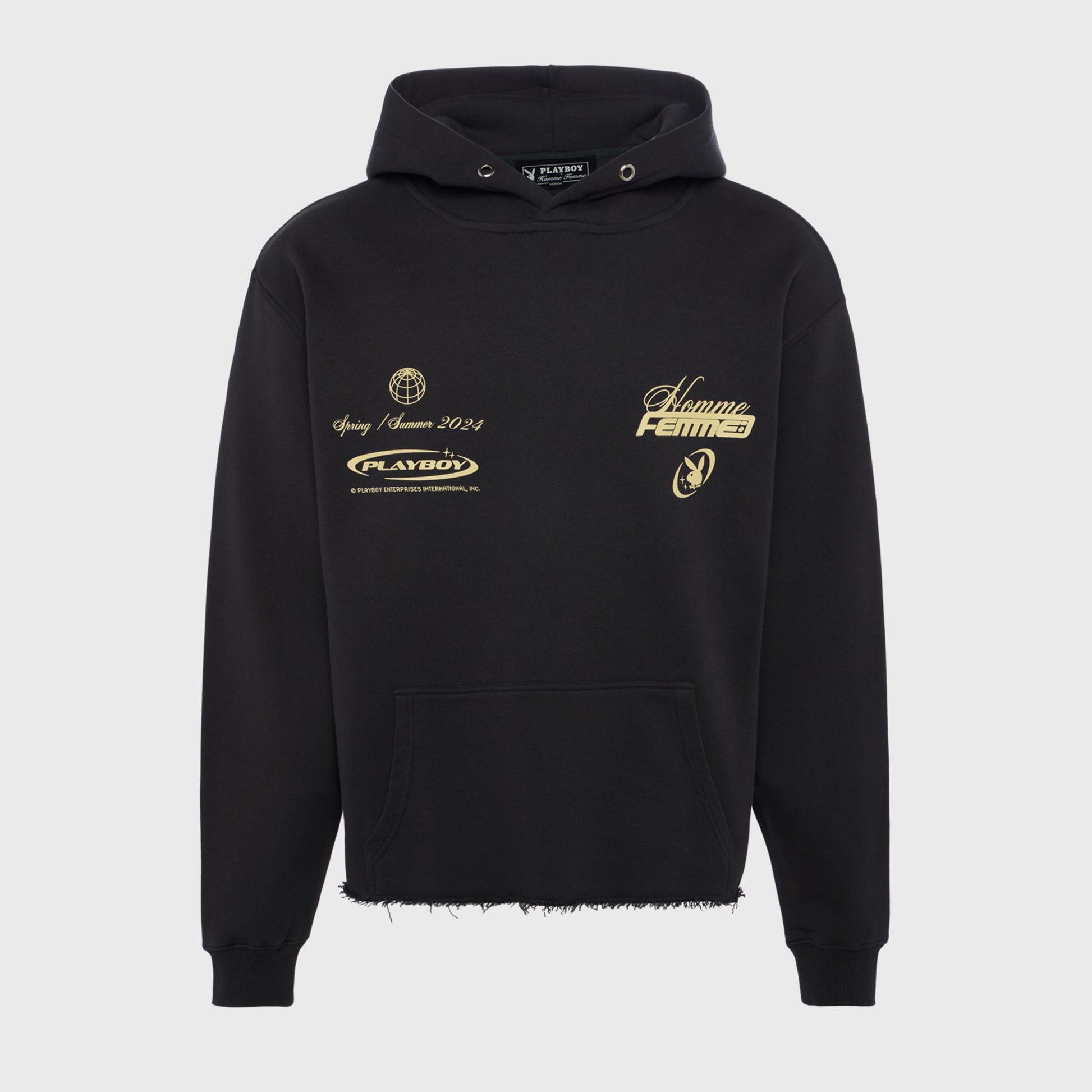 Front view of the Homme + Femme Playboy Hoodie in black, featuring the iconic Playboy bunny logo and a comfortable, relaxed fit for both men and women