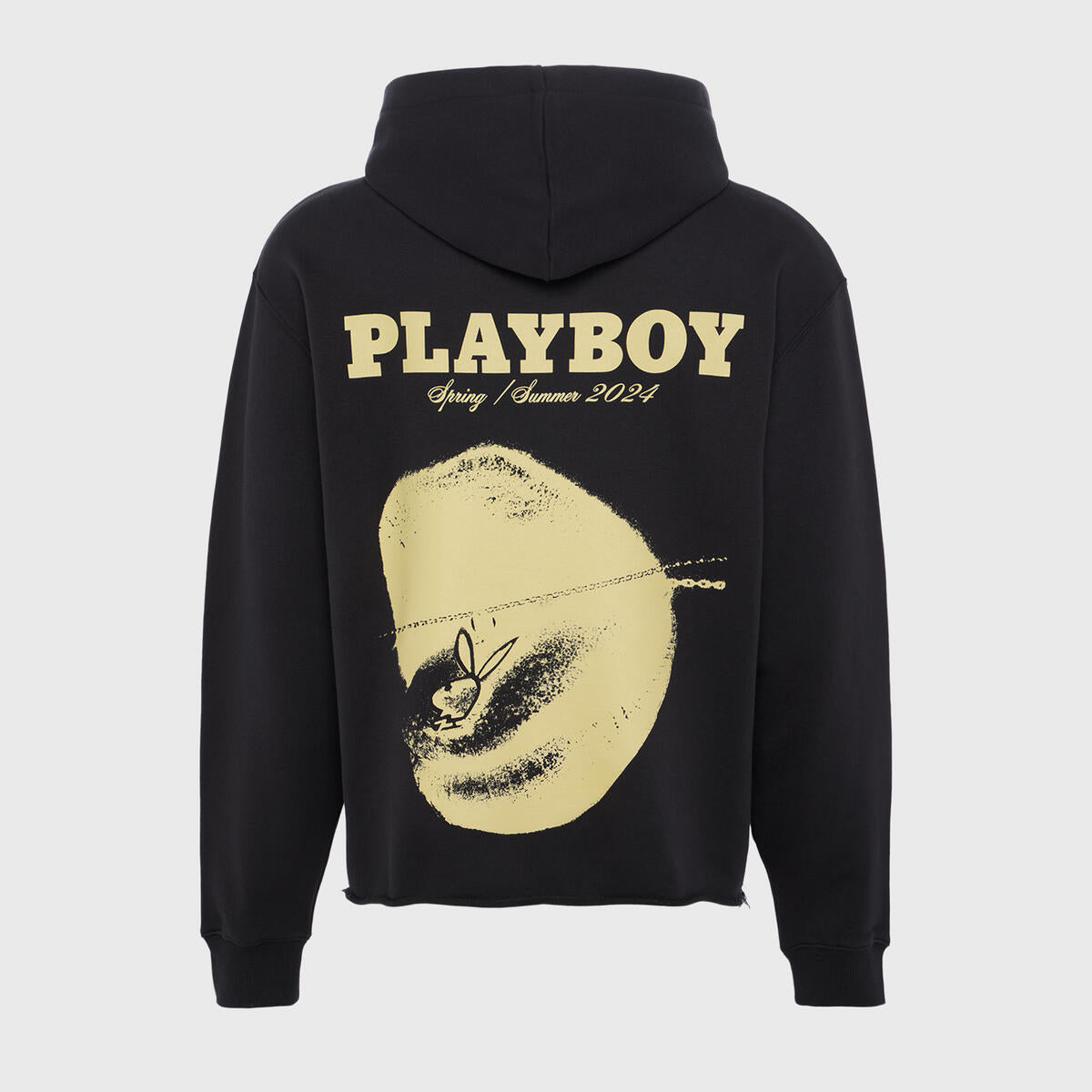  Close-up of the black Playboy Hoodie by Homme + Femme, showcasing the high-quality fabric, drawstring hood, and stylish design for a versatile and trendy look