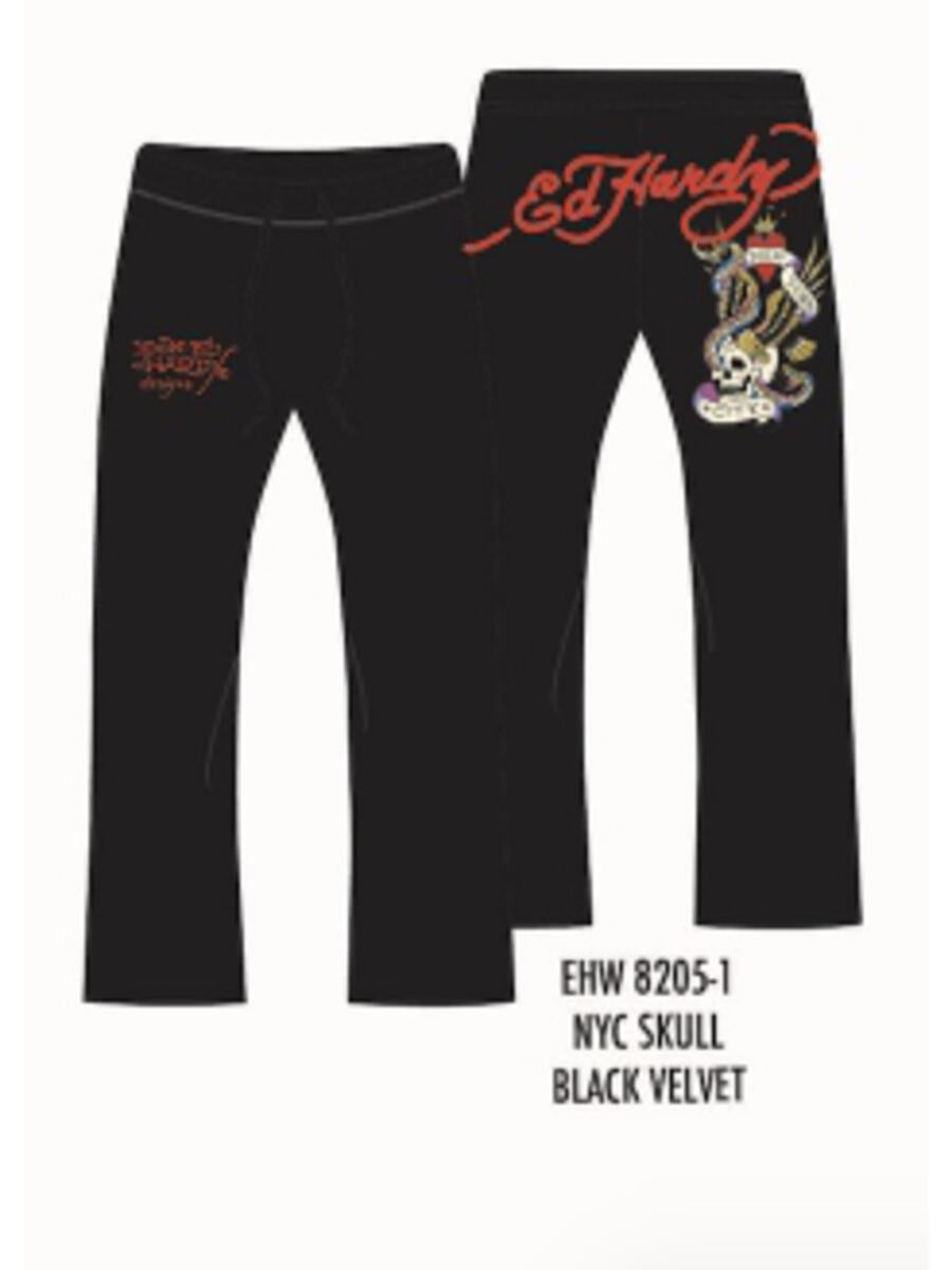 Black velour sweatpants featuring iconic Ed Hardy NYC skull design for women