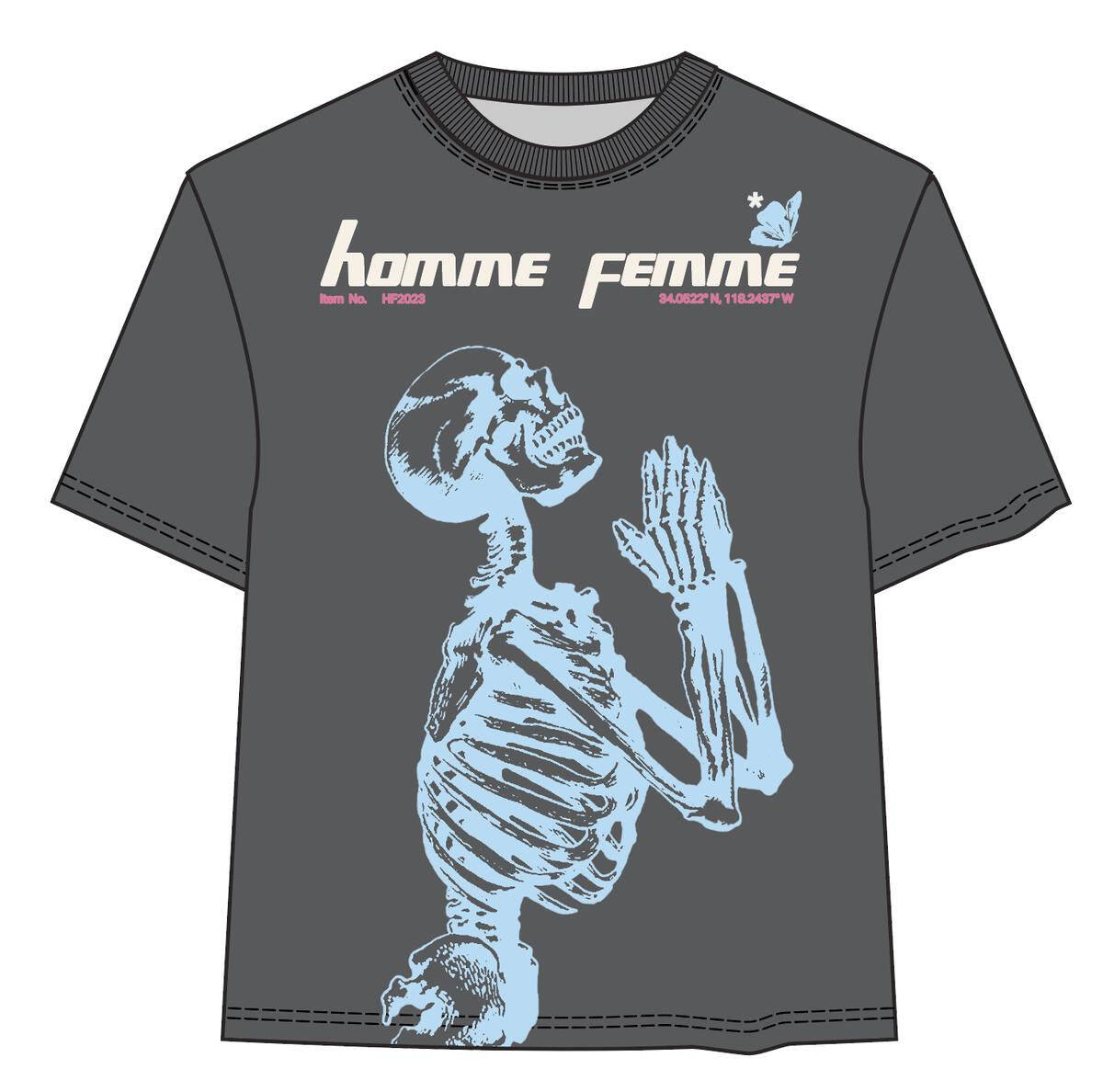 Side view of the Homme + Femme Skeleton Tee in Black/Blue, displaying the relaxed fit and high-quality fabric