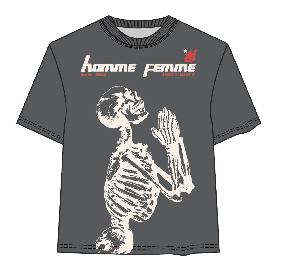 Homme + Femme Skeleton Tee in Black and Cream, front view, stylish streetwear fashion for men and women