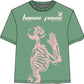 Close-up of green and pink Homme + Femme Skeleton Tee with rib cage design on front and back