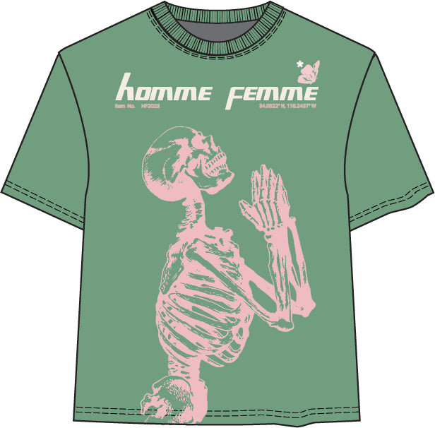 Close-up of green and pink Homme + Femme Skeleton Tee with rib cage design on front and back