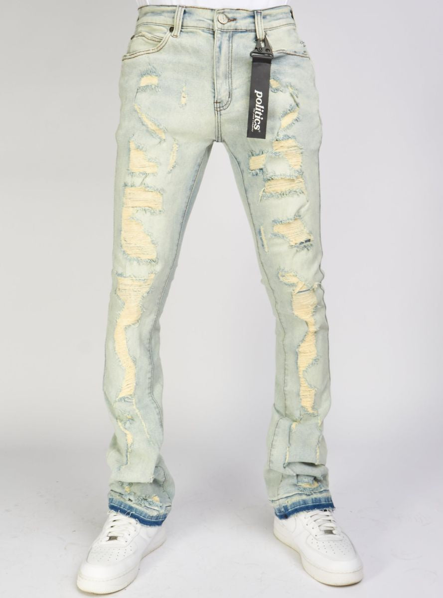 Light vintage blue distressed denim 'Politics Jeans' with stacked design (Uzi505)