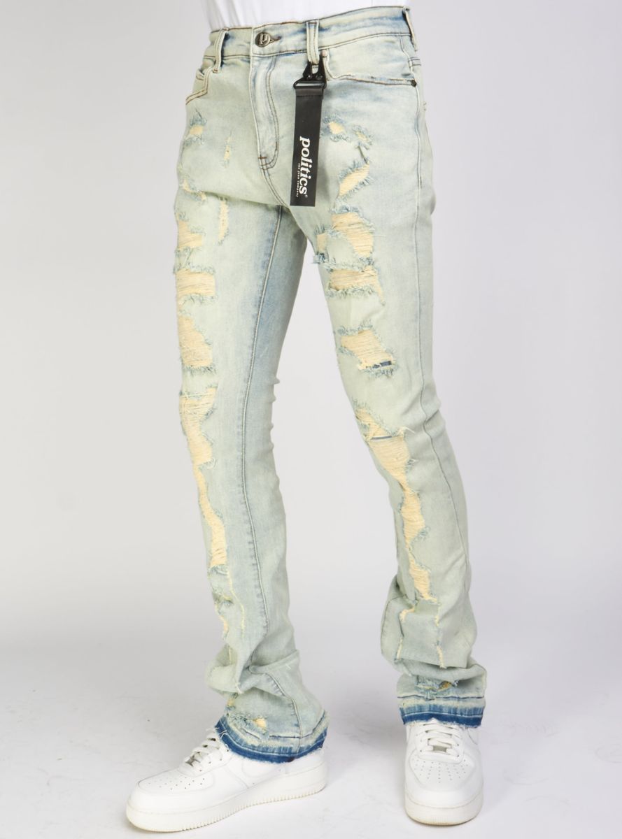 Politics Jeans Light Vintage Blue Stacked Distressed Denim (Uzi505)