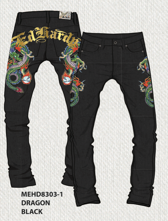 A pair of black Ed Hardy Dragon Stacked Boot Jeans featuring intricate dragon embroidery