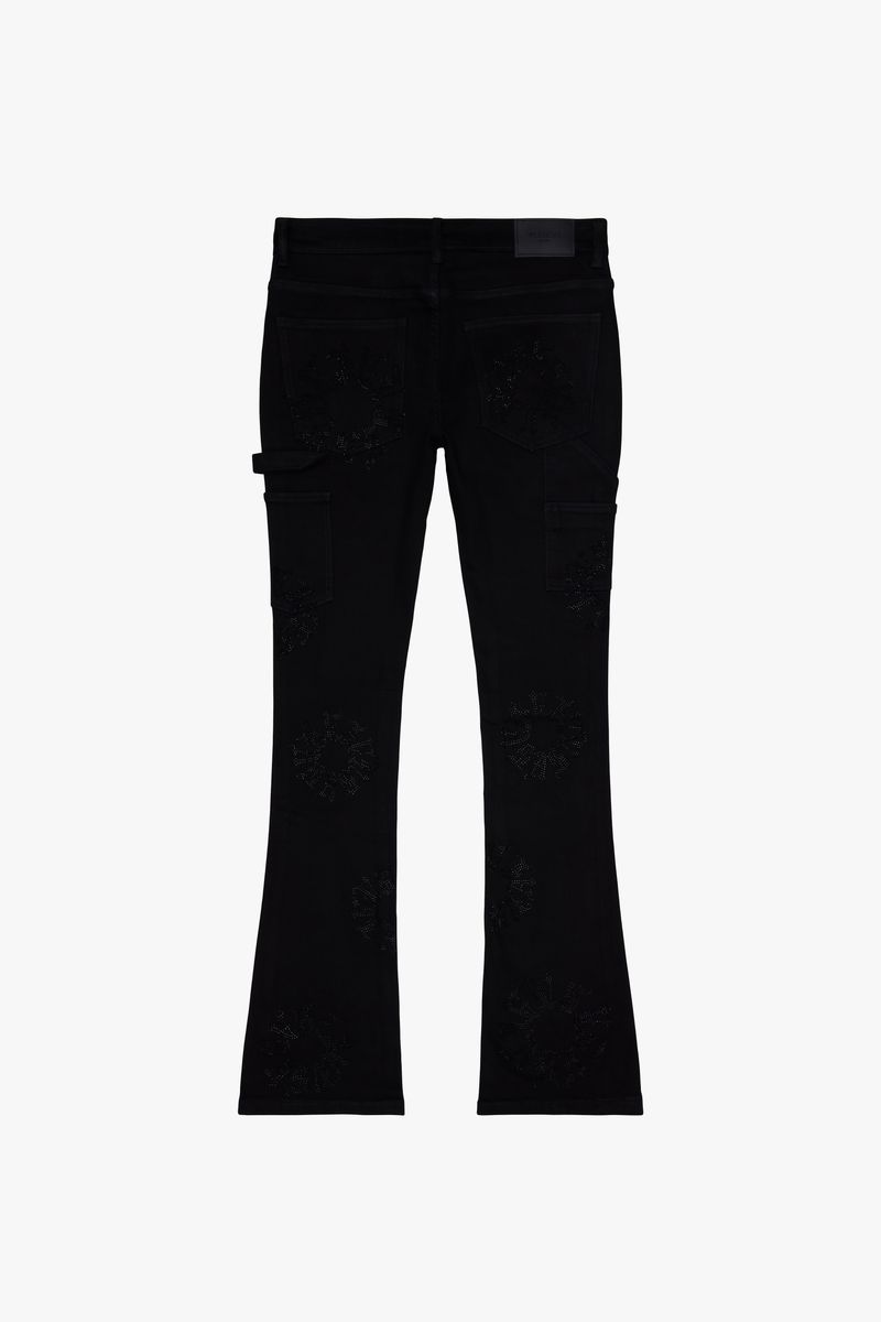  Close-up of the front pockets and belt loops of Valabasas Ringer Black Stacked Flare Jeans