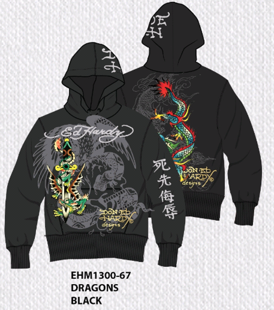 Ed Hardy Dragons Pullover Hoodie in Black with intricate dragon design