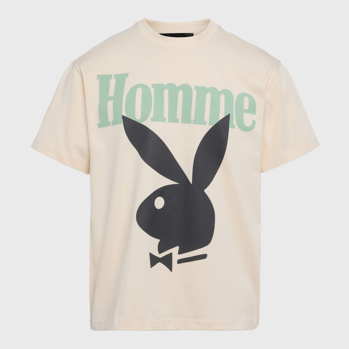 Homme + Femme Twisted Bunny Tee in Cream/Green with playful bunny graphic and twisted design on the front, made of soft and comfortable material for a stylish and casual look 