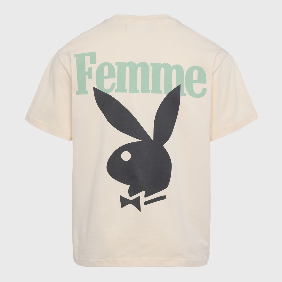  Cream and green Homme + Femme Twisted Bunny Tee featuring a unique bunny graphic and twisted design, perfect for a relaxed and trendy outfit