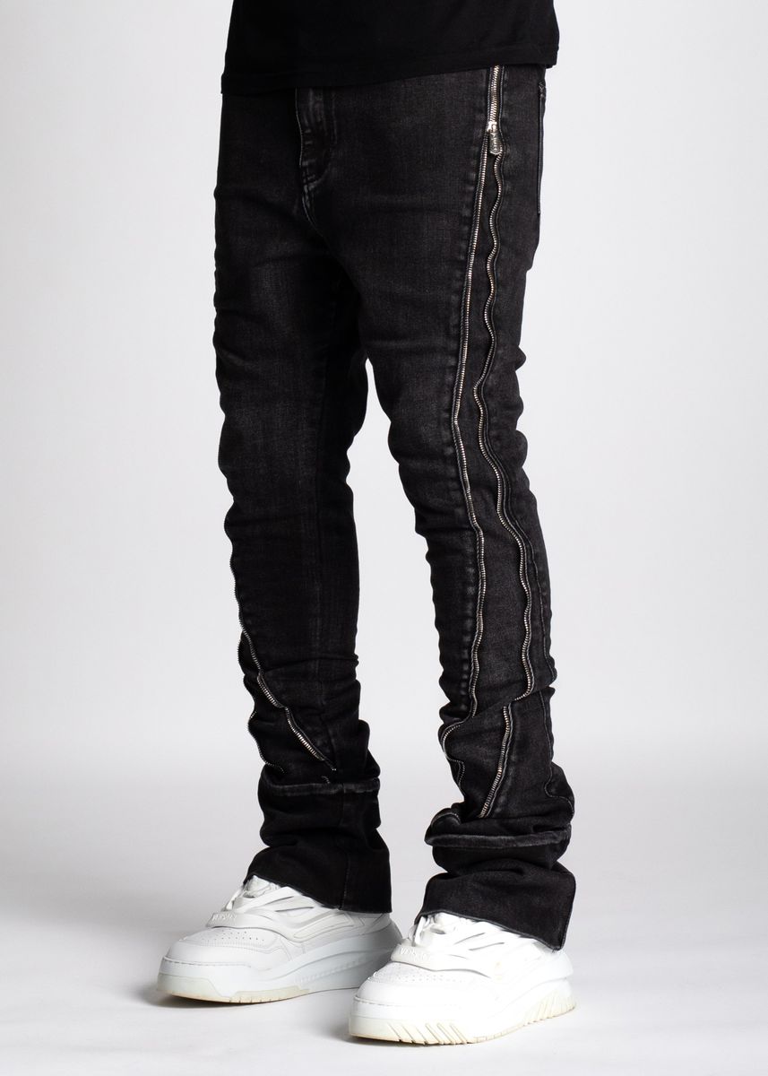 Guapi Iron Grey Stacked Zipped Denim Jeans - Slim fit, zipper details, and stacked design