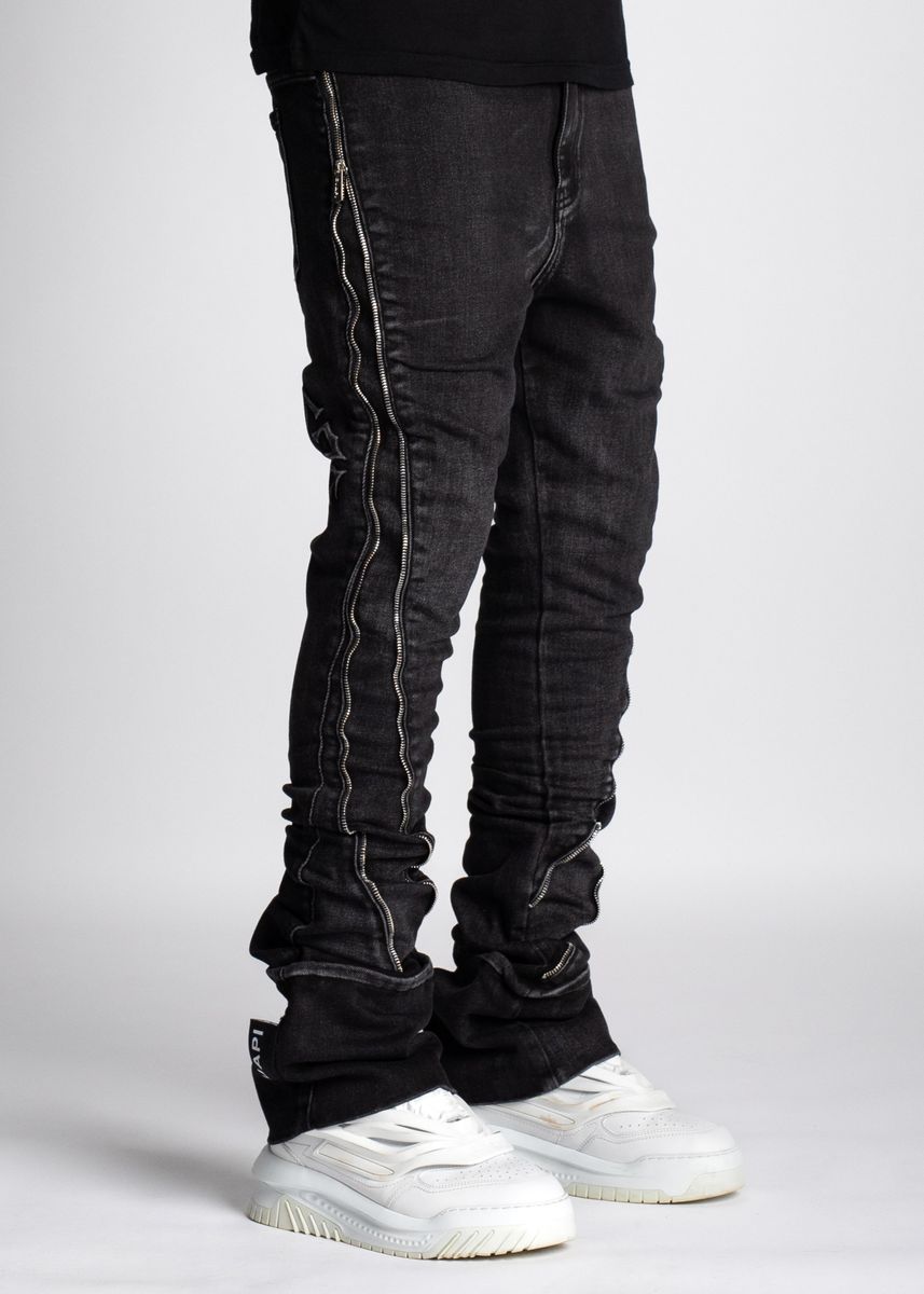 Guapi Iron Grey Stacked Zipped Denim Jeans - High-quality, stylish and comfortable jeans with a unique stacked and zipped design in a trendy iron grey color