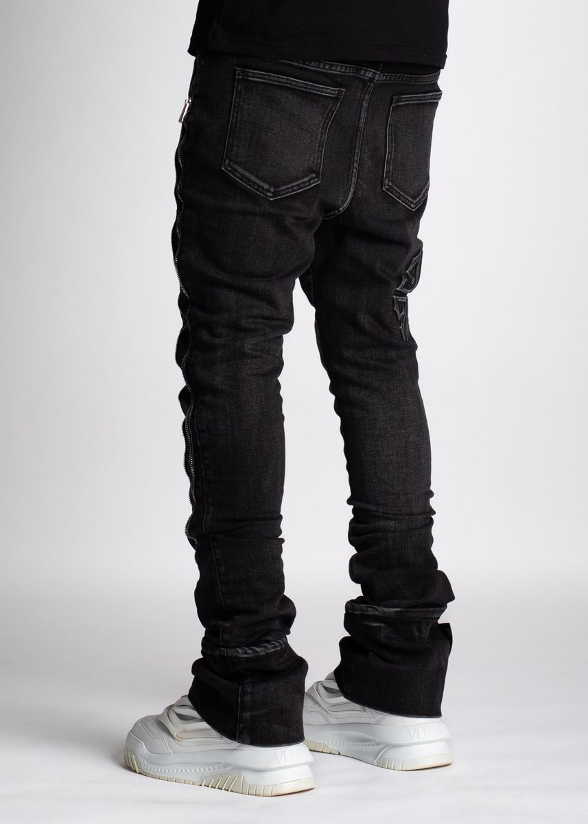 Guapi Iron Grey Stacked Zipped Denim Jeans with distressed detailing and slim fit silhouette