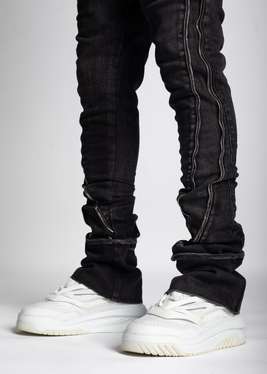  Front view of Guapi Iron Grey Stacked Zipped Denim Jeans in a slim fit style