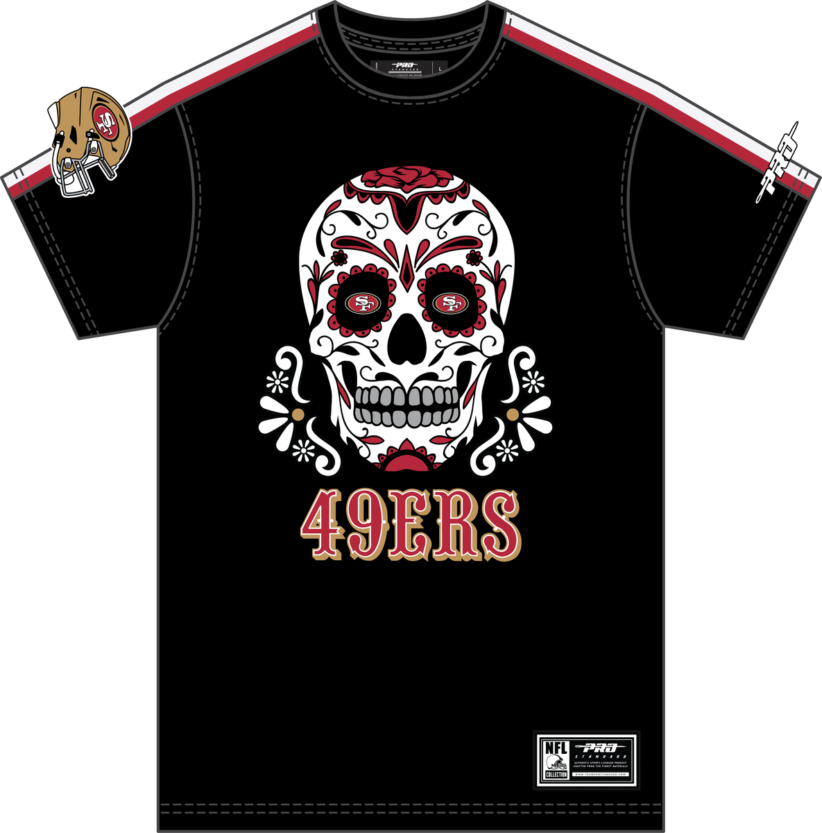 Close-up of Pro Standard San Francisco 49ers Sugar Skull Striped Tee - Black/Red (FS41410879-BKR) shirt's front design