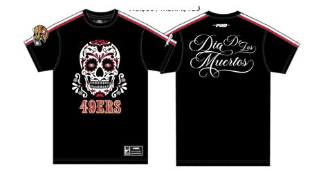 Pro Standard San Francisco 49ers Sugar Skull Striped Tee - Black/Red (FS41410879-BKR) shirt folded and placed on a wooden table