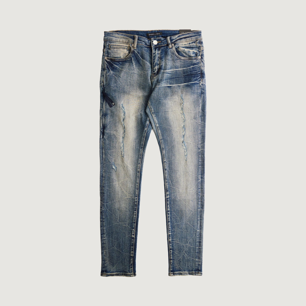 Embellish David Skinny Atlantic Wash Denim Jeans (EMBF24-019) in dark blue denim with distressed detailing and slim fit