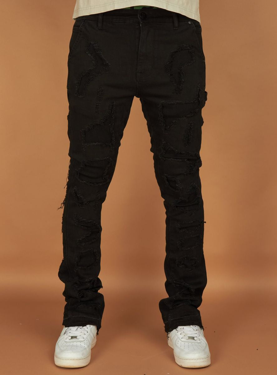 Front view of Politics Jeans Wagner Black Denim with distressed detailing and slim fit