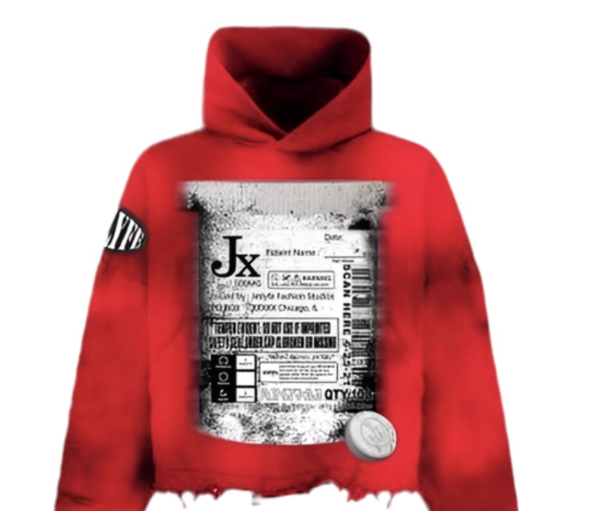 Red hoodie with a bold 'DRUGS' print from the JETLYFE Drugs collection