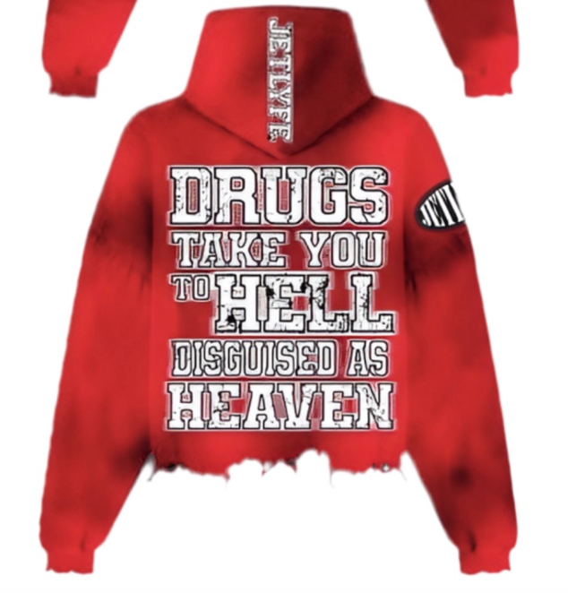 JETLYFE Drugs Red Hoodie - Red hoodie with bold DRUGS text design