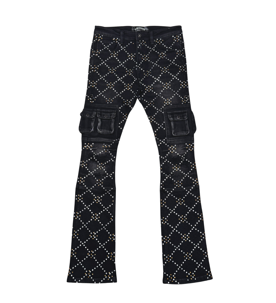 Front view of VC755 Black Denim jeans with cargo pockets