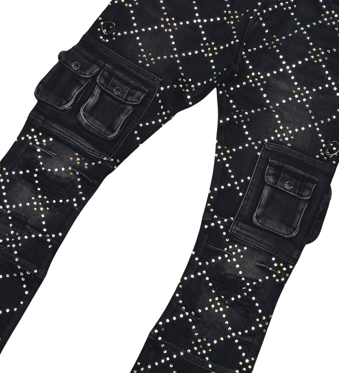 Stylish and edgy Vicious Two Tone Rhinestone Cargo Flare Denim Jeans