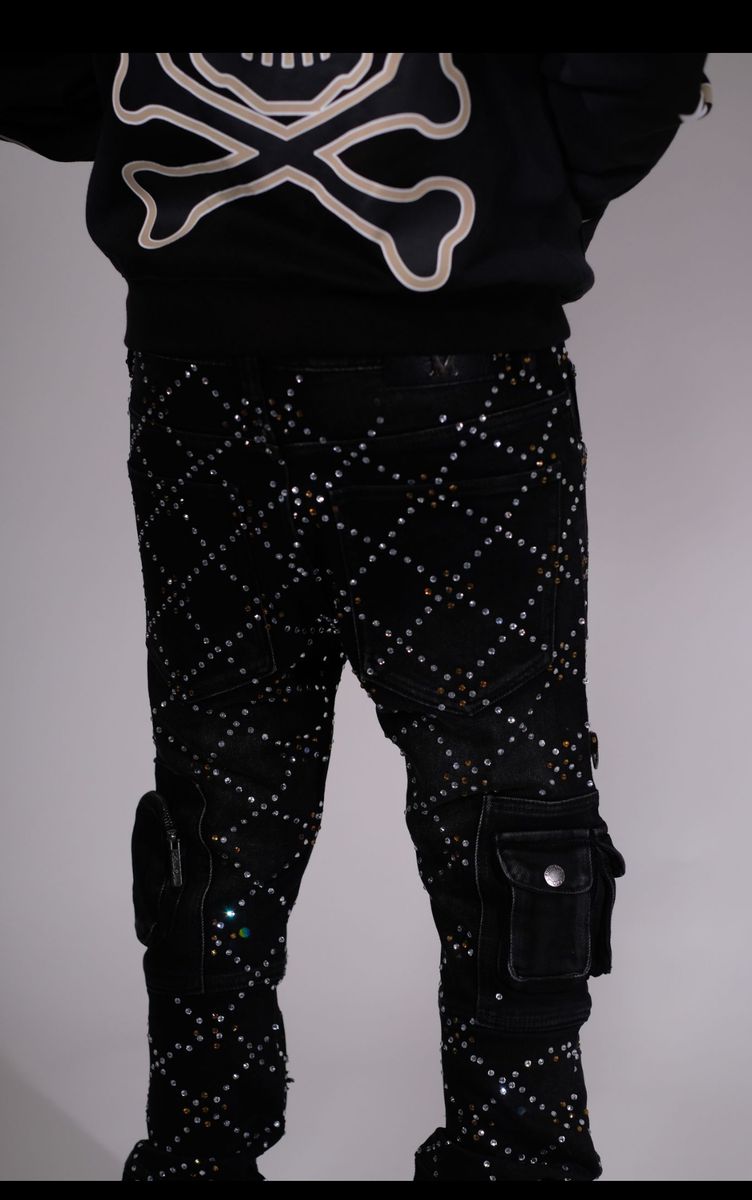 Fashionable and trendy VC755 Black Denim jeans with intricate rhinestone design