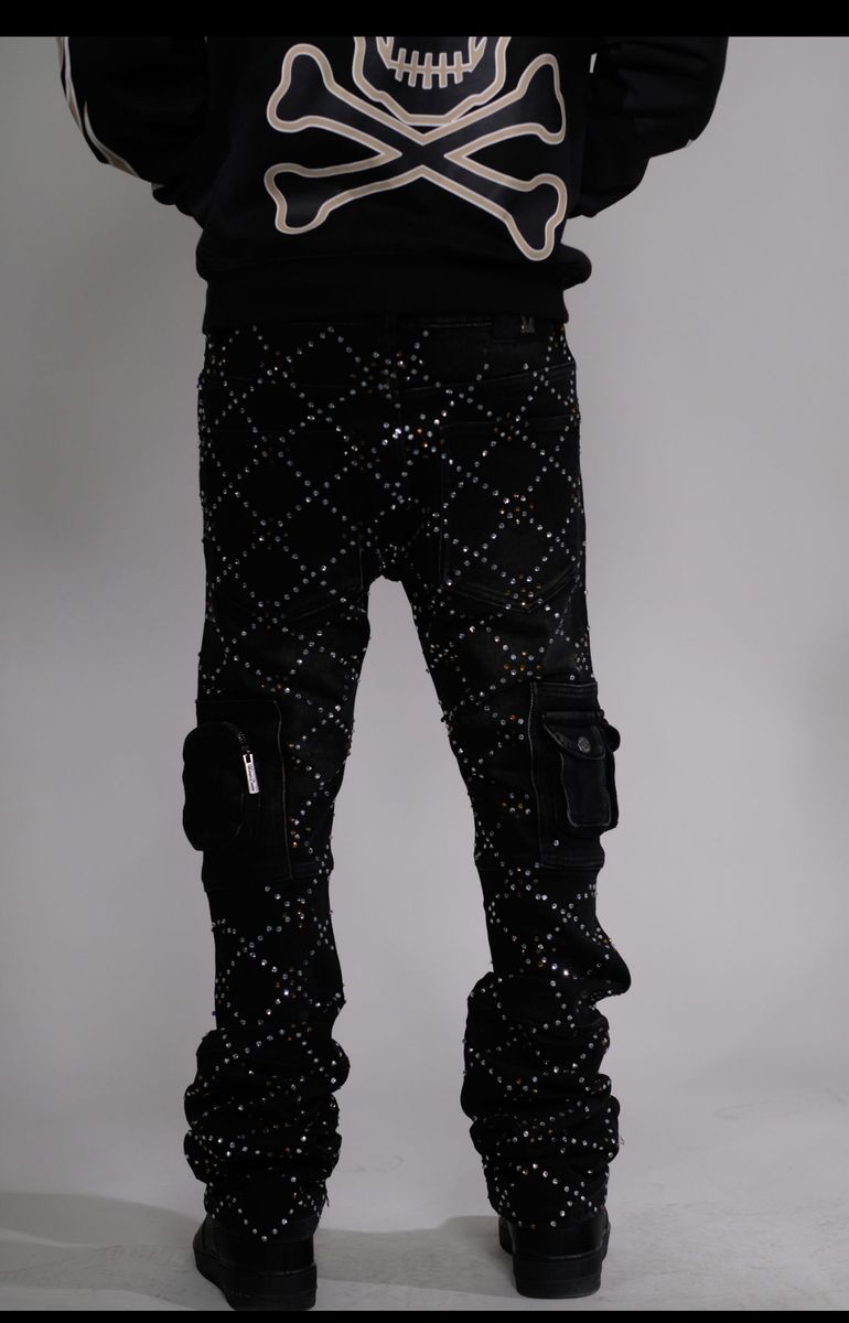 Detailed shot of Vicious Two Tone Rhinestone Cargo Flare Denim Jeans