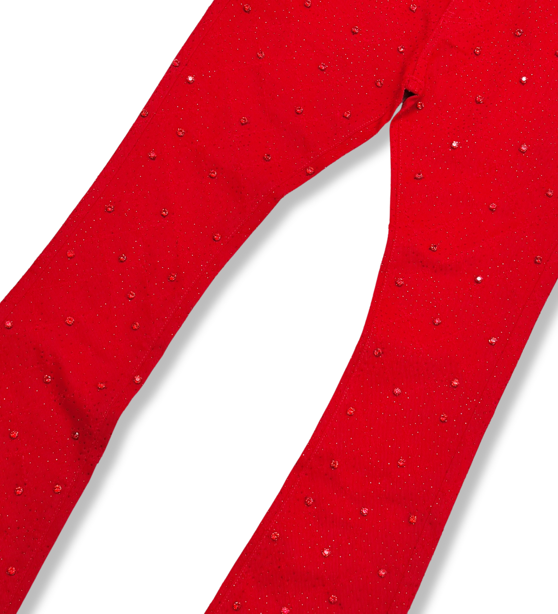 VC510 RED - Vicious Embellish Rhinestone Red Flare Denim Jeans in a stunning rhinestone embellished design
