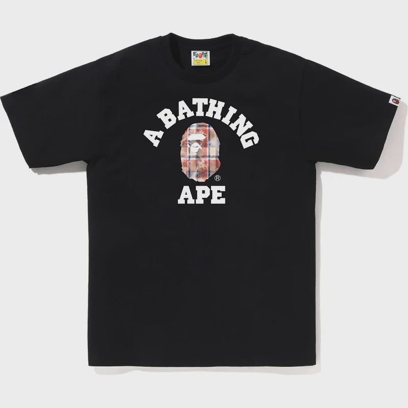 BAPE Bleached Check College Tee in Black, a stylish and unique streetwear fashion piece