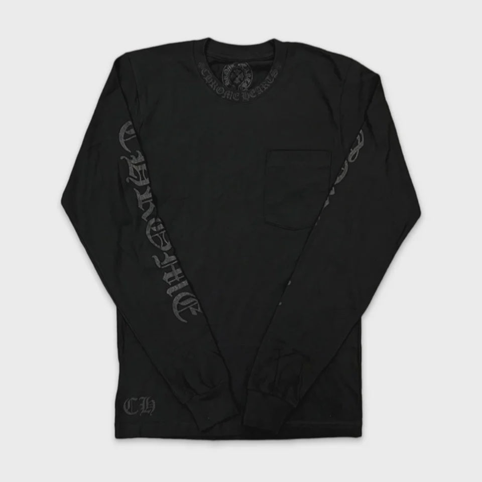 A black long-sleeve T-shirt with the Chrome Hearts Art Basel Neck logo scroll design