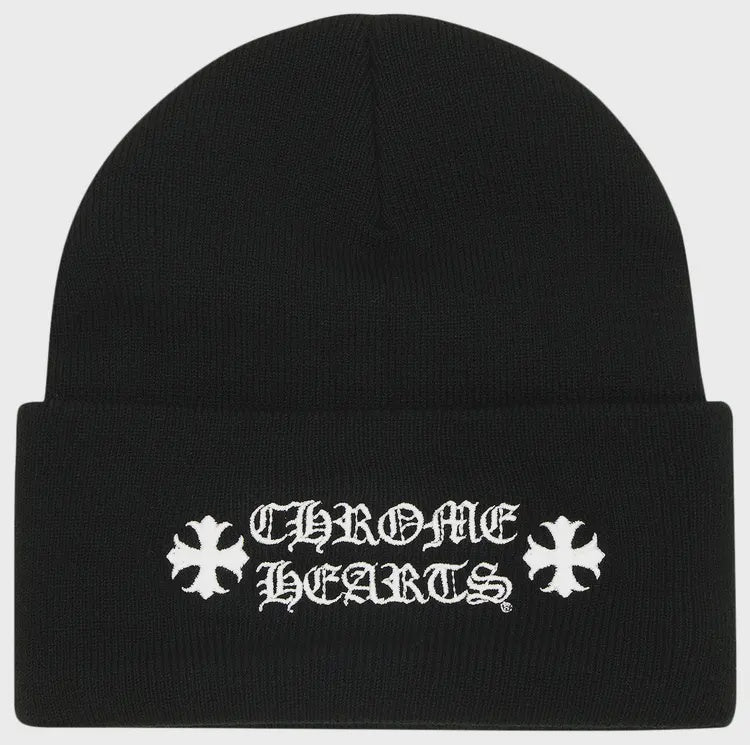 Close-up of black and white Chrome Hearts logo beanie, a stylish and versatile accessory