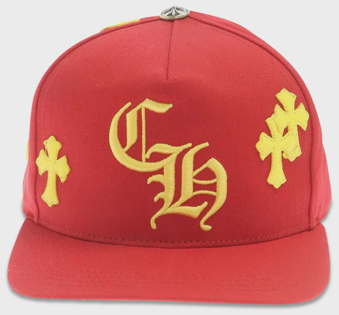 Chrome Hearts Cross Patch Snapback Hat in vibrant red and yellow with brand new deadstock condition