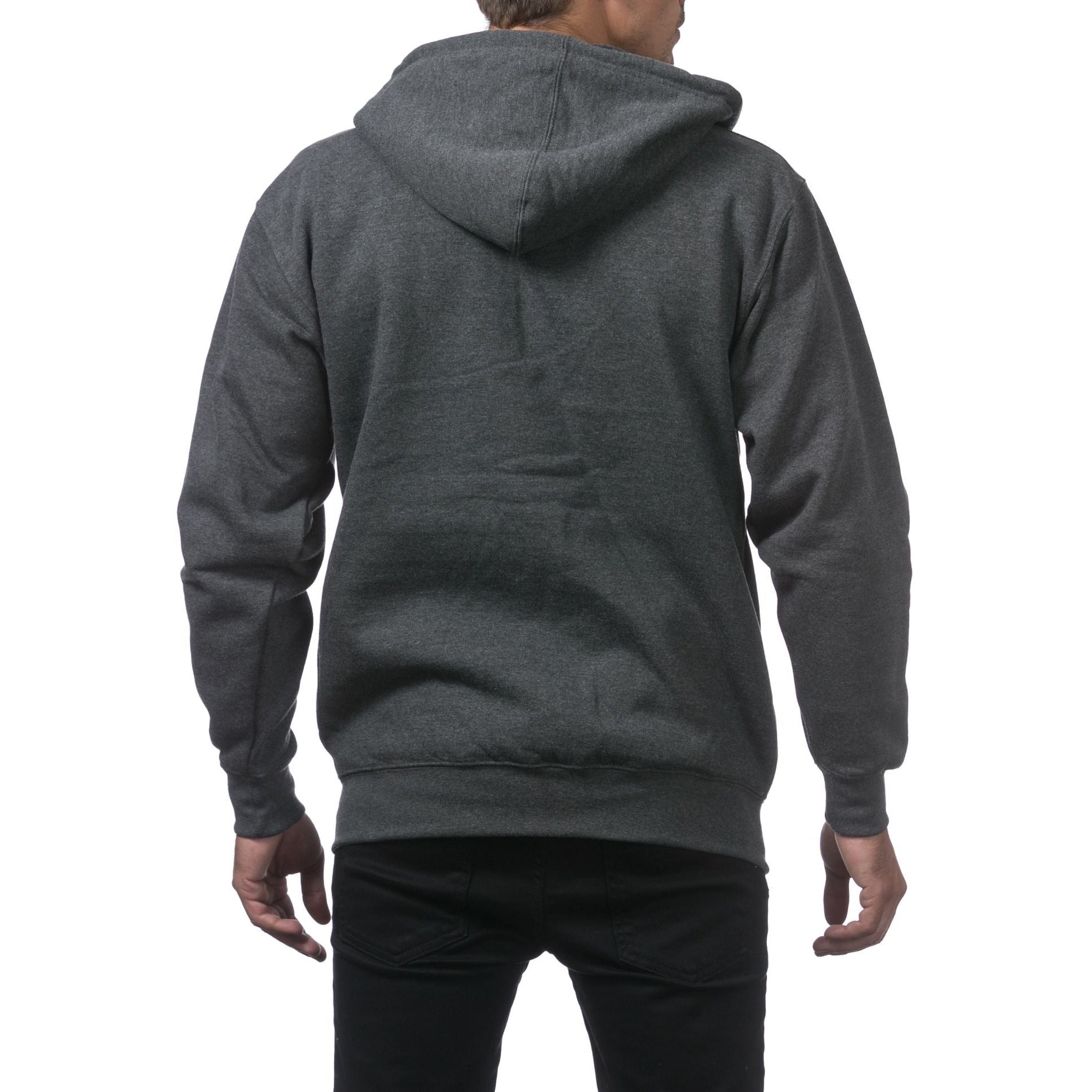 Pro Club Zip Up Hoodies in black, white, and grey, featuring a front zipper and drawstring hood for a versatile and comfortable look