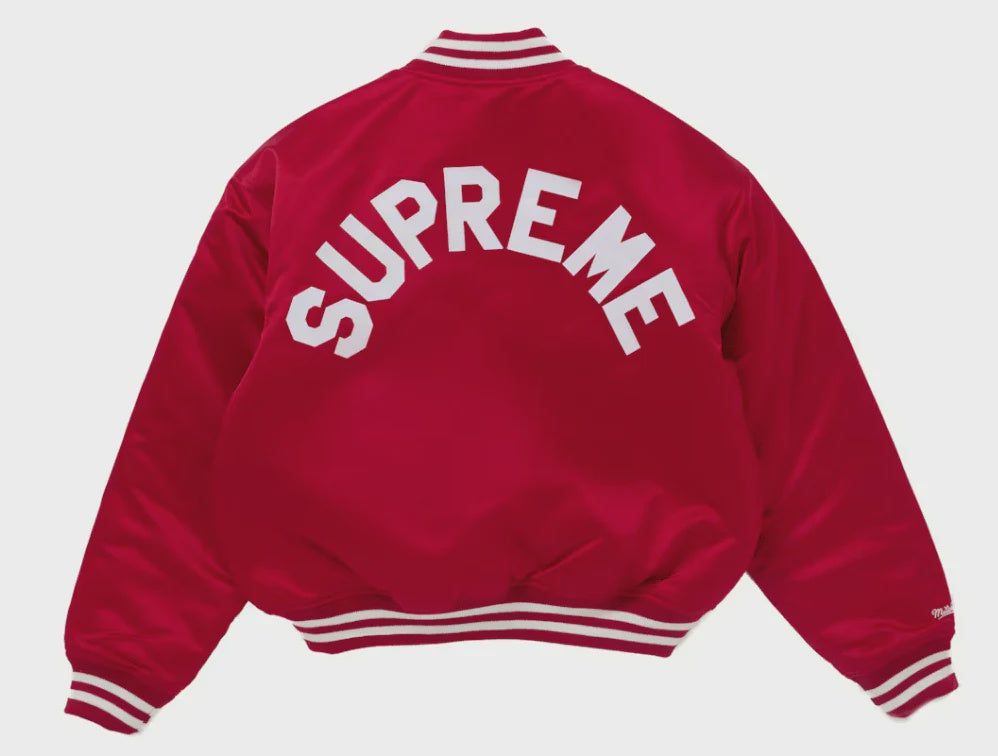 Red Supreme Mitchell & Ness Satin Varsity Jacket from Fall/Winter 24 collection