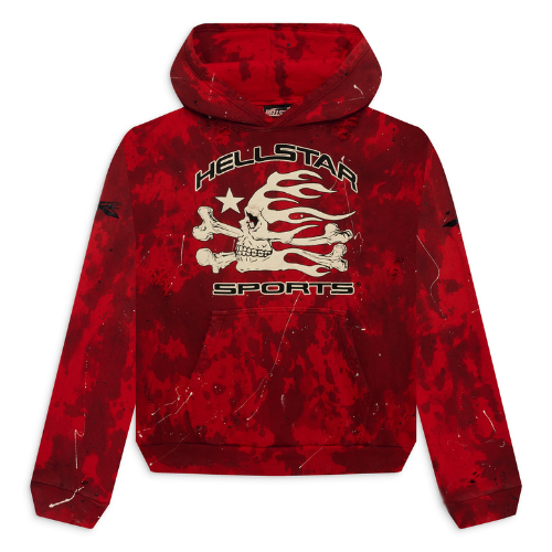 Red tie-dye skull hoodie with HELLSTAR sports branding and unique design